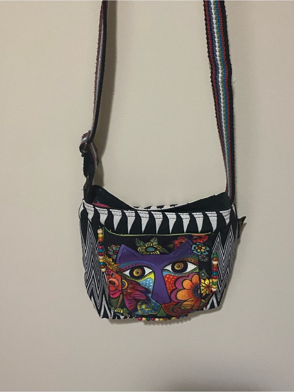 Beaded, multi-pocketed, Laurel Burch tote/purse. Cat design. Adjustable strap.